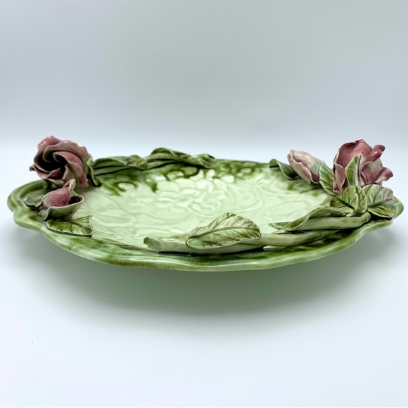 Vintage Majolica Pottery Platter 12” Green Leaves Pink Capodimonte Raised Roses - Picture 8 of 16